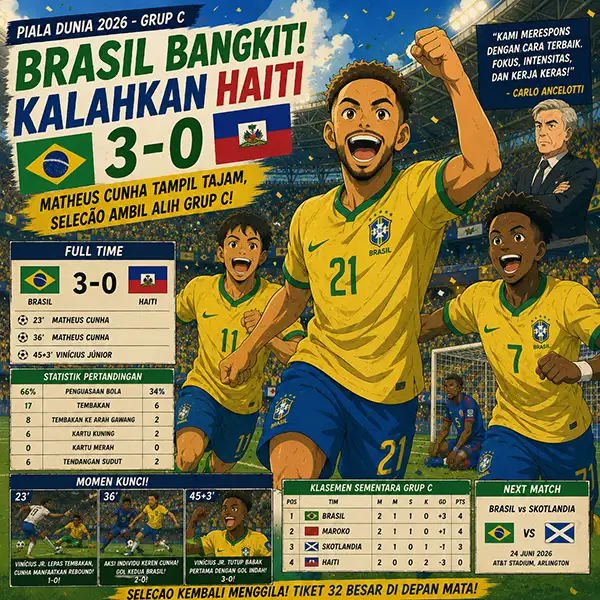 Brasil Bangkit dan Kalahkan Haiti 3-0 di Piala Dunia 2026: Matheus Cunha Tampil Tajam, Selecao Ambil Alih Grup C