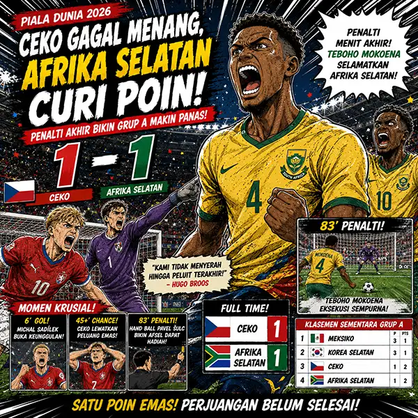 Ceko Gagal Menang, Afrika Selatan Curi Poin 1-1 di Piala Dunia 2026: Penalti Akhir Bikin Grup A Makin Panas