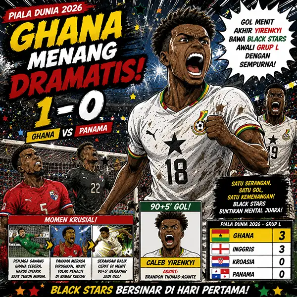 Ghana Menang Dramatis atas Panama 1-0 di Piala Dunia 2026: Gol Menit Akhir Yirenkyi Bawa Black Stars Awali Grup L dengan Sempurna