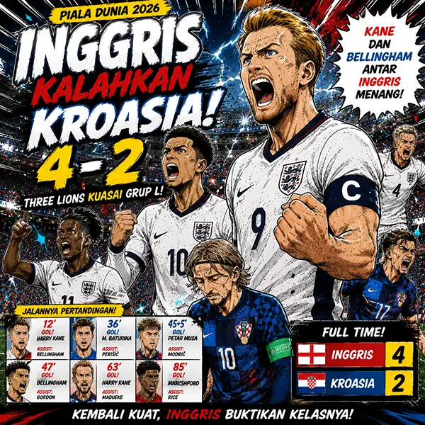 Inggris Kalahkan Kroasia 4-2 di Piala Dunia 2026: Kane dan Bellingham Antar Three Lions Kuasai Grup L
