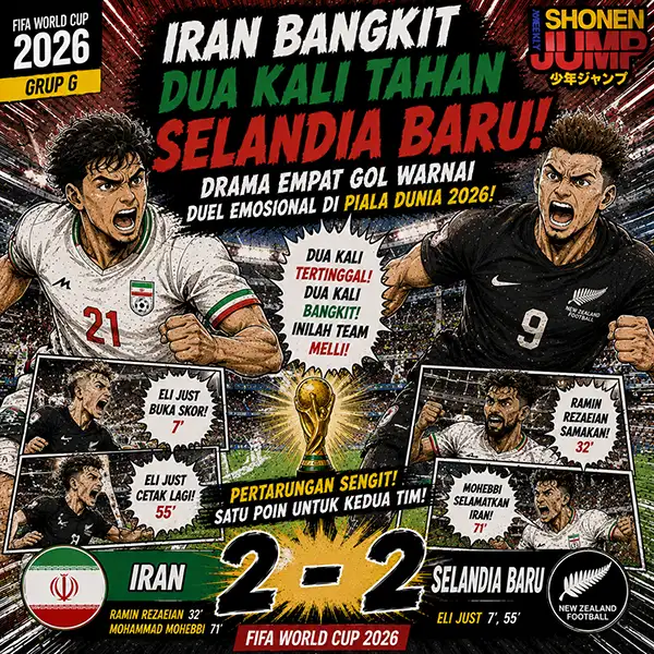 Iran Bangkit Dua Kali Tahan Selandia Baru 2-2: Drama Empat Gol Warnai Duel Emosional di Piala Dunia 2026