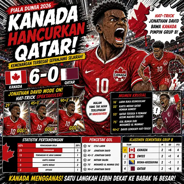 Kanada Hancurkan Qatar 6-0 di Piala Dunia 2026: Hat-trick Jonathan David Antar Tuan Rumah Kuasai Grup B