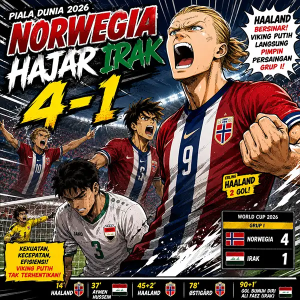 Norwegia Hajar Irak 4-1 di Piala Dunia 2026: Haaland Bersinar, Viking Putih Langsung Pimpin Persaingan Grup I