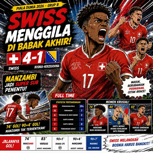 Swiss Menggila di Babak Akhir, Bosnia-Herzegovina Tumbang 4-1 di Piala Dunia 2026: Manzambi Jadi Super Sub Penentu