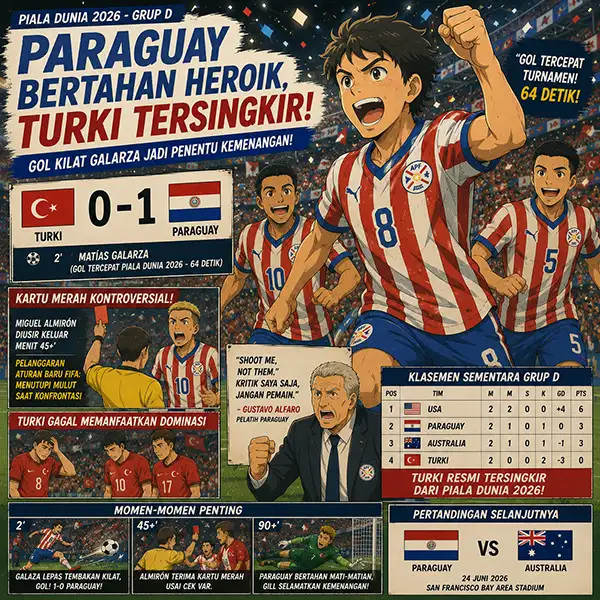 Paraguay Bertahan dengan 10 Pemain, Turki Tersingkir dari Piala Dunia 2026: Gol Kilat Galarza Jadi Penentu