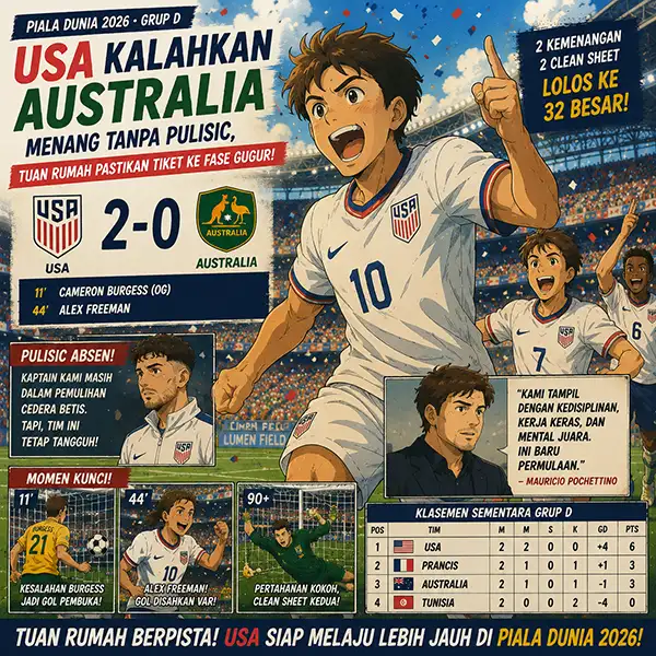 USA Kalahkan Australia 2-0 di Piala Dunia 2026: Menang Tanpa Pulisic, Tuan Rumah Pastikan Tiket ke Fase Gugur
