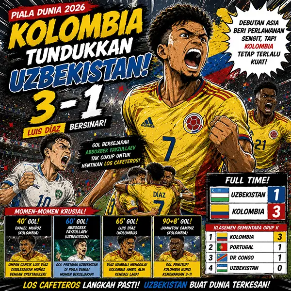 Kolombia Tundukkan Uzbekistan 3-1 di Piala Dunia 2026: Luis Díaz Bersinar, Debutan Asia Beri Perlawanan Sengit